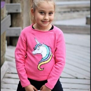 Girls Pink Unicorn Sweater Pullover. Girl 3D-Unicorn Patchwork Sweater. Size 4T